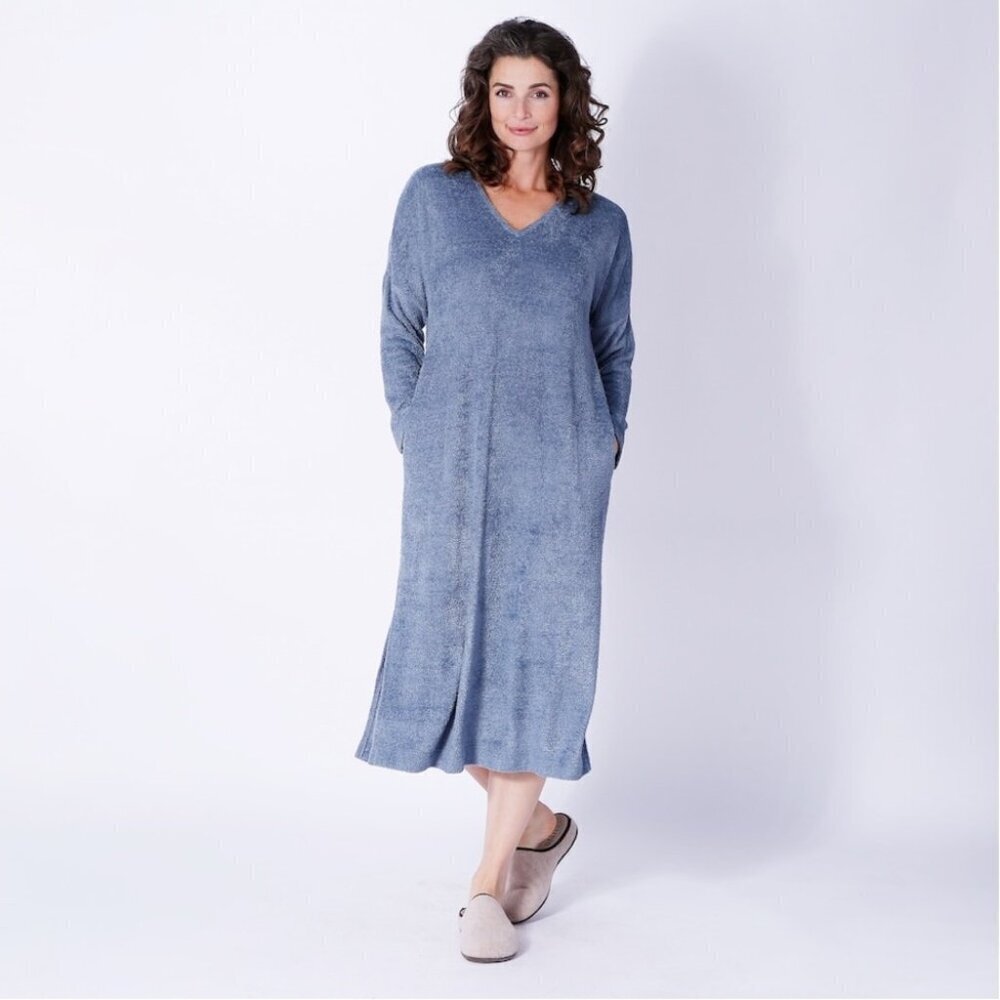 ** N Natori Unwind Feathered Chenille Lounger Dress in Blue Granite Size S